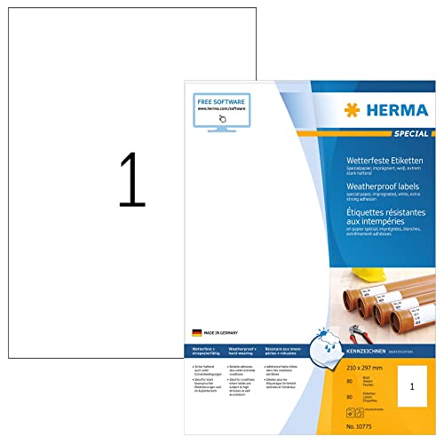 HERMA 10775 Wetterfeste Etiketten imprägniert, 80 Blatt, 210 x 297 mm, 1 Stück pro A4 Bogen, 80 Aufkleber, selbstklebend, bedruckbar, matt, blanko Outdoor Klebeetiketten aus Spezialpapier, weiß von HERMA