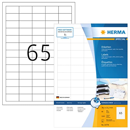 HERMA 10778 Universal Etiketten für Inkjet Drucker, 80 Blatt, 38,1 x 21,2 mm, 65 pro A4 Bogen, 5200 Stück, selbstklebend, bedruckbar, matt, blanko Klebeetiketten Aufkleber für Tintenstrahldrucker weiß HERMA 10778 Universal Etiketten für Inkjet Drucker, 80 Blatt, 38,1 x 21,2 mm, 65 pro A4 Bogen, 5200 Stück, selbstklebend, bedruckbar, matt, blanko Klebeetiketten Aufkleber für Tintenstrahldrucker weiß von HERMA