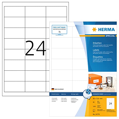 HERMA 10779 Universal Etiketten für Inkjet Drucker, 80 Blatt, 66 x 33,8 mm, 24 pro A4 Bogen, 1920 Stück, selbstklebend, bedruckbar, matt, blanko Klebeetiketten Aufkleber für Tintenstrahldrucker, weiß von HERMA