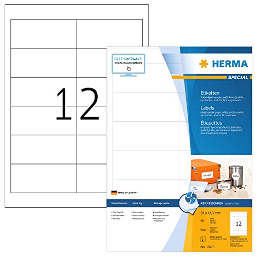 HERMA 10781 Adressetiketten für Inkjet Drucker, 80 Blatt, 97 x 42,3 mm, 12 pro A4 Bogen, 960 Stück, selbstklebend, bedruckbar, matt, blanko Adressaufkleber Etiketten für Tintenstrahldrucker, weiß von HERMA