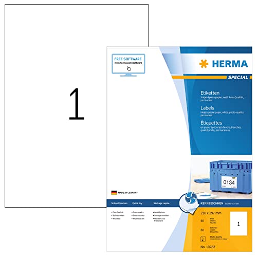 HERMA 10782 Universal Etiketten für Inkjet Drucker, 80 Blatt, 210 x 297 mm, 1 pro A4 Bogen, 80 Stück, selbstklebend, bedruckbar, matt, blanko Klebeetiketten Aufkleber für Tintenstrahldrucker, weiß von HERMA