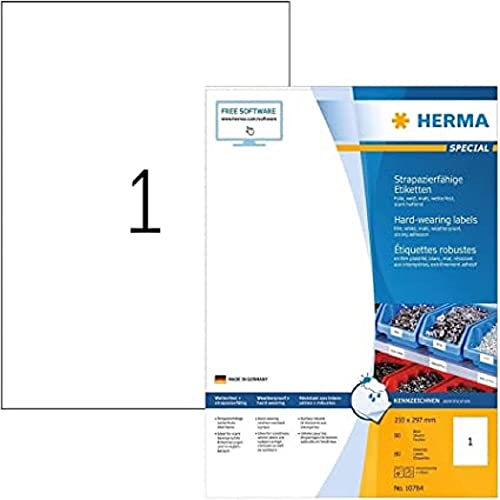 HERMA 10784 Wetterfeste Folienetiketten, 80 Blatt, 210 x 297 mm, 1 pro A4 Bogen, 80 Stück, selbstklebend, bedruckbar, matt, blanko Klebeetiketten Aufkleber aus Folie, weiß von HERMA