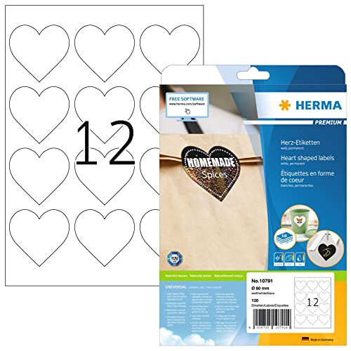 HERMA 10791 Herz Etiketten, 120 Stück, Ø 60 mm, 12 pro A4 Bogen, selbstklebend, bedruckbar, matt, blanko Papier Klebeetiketten Aufkleber in Herzform, weiß von HERMA