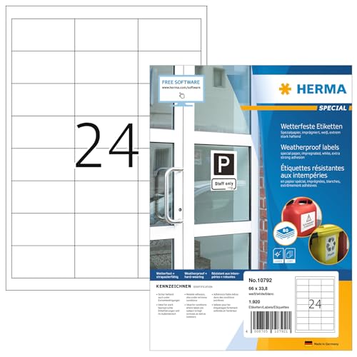 HERMA 10792 Wetterfeste Etiketten imprägniert, 80 Blatt, 66 x 33,8 mm, 24 pro A4 Bogen, 1920 Stück, selbstklebend, bedruckbar, matt, blanko Outdoor Klebeetiketten aus Spezialpapier, weiß von HERMA