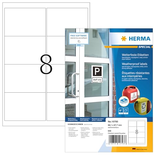 HERMA 10793 Wetterfeste Etiketten imprägniert, 80 Blatt, 99,1 x 67,7 mm, 8 pro A4 Bogen, 640 Stück, selbstklebend, bedruckbar, matt, blanko Outdoor Klebeetiketten aus Spezialpapier, weiß von HERMA