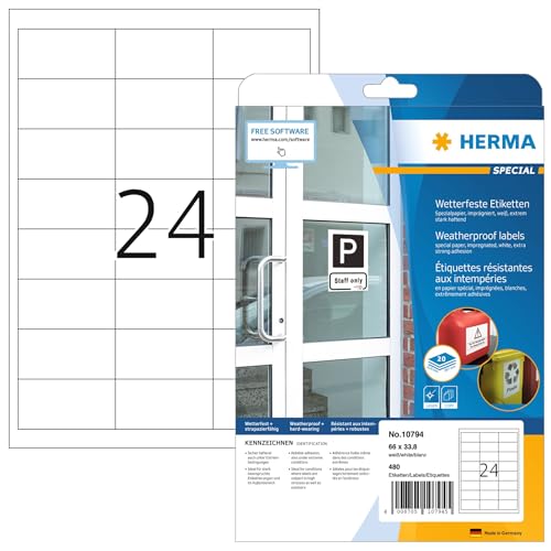 HERMA 10794 Wetterfeste Etiketten imprägniert, 20 Blatt, 66 x 33,8 mm, 24 pro A4 Bogen, 480 Stück, selbstklebend, bedruckbar, matt, blanko Outdoor Klebeetiketten aus Spezialpapier, weiß von HERMA