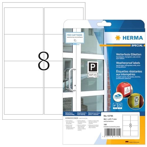 HERMA 10795 Wetterfeste Etiketten imprägniert, 20 Blatt, 99,1 x 67,7 mm, 8 pro A4 Bogen, 160 Stück, selbstklebend, bedruckbar, matt, blanko Outdoor Klebeetiketten aus Spezialpapier, weiß HERMA 10795 Wetterfeste Etiketten imprägniert, 20 Blatt, 99,1 x 67,7 mm, 8 pro A4 Bogen, 160 Stück, selbstklebend, bedruckbar, matt, blanko Outdoor Klebeetiketten aus Spezialpapier, weiß von HERMA