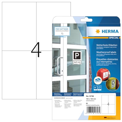 HERMA 10796 Wetterfeste Etiketten imprägniert, 20 Blatt, 105 x 148 mm, 4 pro A4 Bogen, 80 Stück, selbstklebend, bedruckbar, matt, blanko Outdoor Klebeetiketten aus Spezialpapier, weiß von HERMA