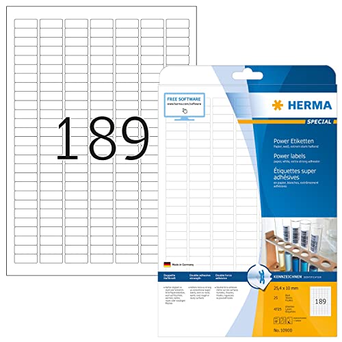 HERMA 10900 Power Etiketten, 800 Blatt, 25,4 x 10 mm, 189 pro A4 Bogen, 151200 Stück, selbstklebend, bedruckbar, extrem stark haftend, blanko Papier Klebeetiketten Aufkleber, weiß HERMA 10900 Power Etiketten, 800 Blatt, 25,4 x 10 mm, 189 pro A4 Bogen, 151200 Stück, selbstklebend, bedruckbar, extrem stark haftend, blanko Papier Klebeetiketten Aufkleber, weiß von HERMA