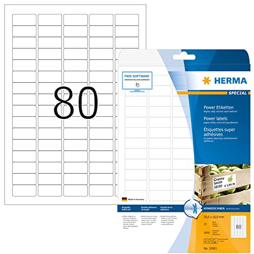 HERMA 10901 Power Etiketten, 25 Blatt, 35,6 x 16,9 mm, 80 pro A4 Bogen, 2000 Stück, selbstklebend, bedruckbar, extrem stark haftend, blanko Papier Klebeetiketten Aufkleber, weiß von HERMA