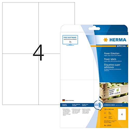 HERMA 10909 Power Etiketten, 800 Blatt, 105 x 148 mm, 4 pro A4 Bogen, 3200 Stück, selbstklebend, bedruckbar, extrem stark haftend, blanko Papier Klebeetiketten Aufkleber, weiß von HERMA