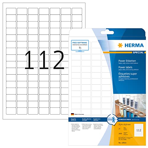 HERMA 10916 Power Etiketten, 800 Blatt, 25,4 x 16,9 mm, 112 pro A4 Bogen, 89600 Stück, selbstklebend, bedruckbar, extrem stark haftend, blanko Papier Klebeetiketten Aufkleber, weiß HERMA 10916 Power Etiketten, 800 Blatt, 25,4 x 16,9 mm, 112 pro A4 Bogen, 89600 Stück, selbstklebend, bedruckbar, extrem stark haftend, blanko Papier Klebeetiketten Aufkleber, weiß von HERMA
