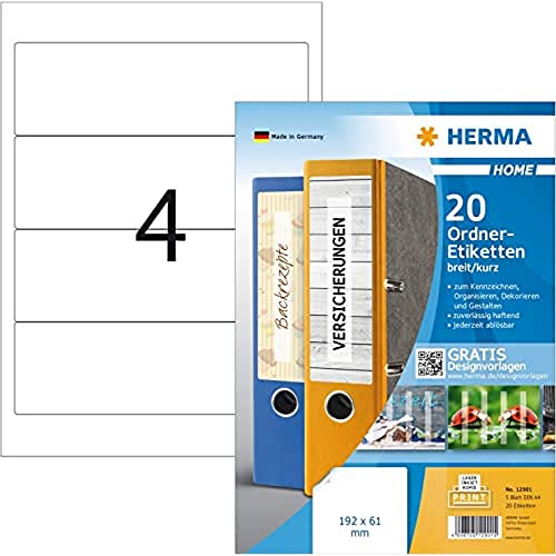 HERMA 12901 Ordnerrücken Etiketten ablösbar kurz breit, 4000 Stück, 192 x 61 mm, 4 pro A4 Bogen, selbstklebend, bedruckbar, blickdicht, blanko Papier Ordneretiketten Rückenschilder Aufkleber, weiß HERMA 12901 Ordnerrücken Etiketten ablösbar kurz breit, 4000 Stück, 192 x 61 mm, 4 pro A4 Bogen, selbstklebend, bedruckbar, blickdicht, blanko Papier Ordneretiketten Rückenschilder Aufkleber, weiß von HERMA