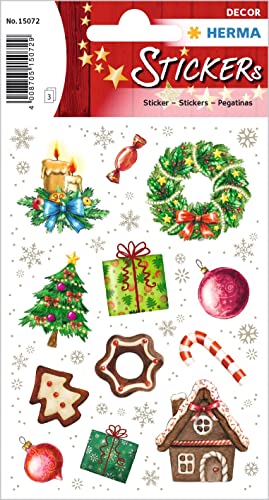 HERMA 15072 Aufkleber Weihnachtsmotive, 36 Stück, Weihnachten Sticker mit Lebkuchen Weihnachtskugel Weihnachtskerzen, Kinder Etiketten für Weihnachtsdeko Geschenke Adventskalender Winter Dekoration von HERMA