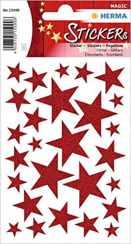 HERMA 15099 Aufkleber Sterne Glitzer Rot, 27 Stück, Stern Sticker aus Folie, Weihnachtssticker Sternaufkleber für Weihnachten Geschenke Adventskalender Dekoration Kinder Belohnung DIY Basteln von HERMA