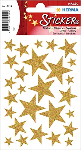HERMA 15129 Aufkleber Sterne Glitzer Gold, 27 Stück, Stern Sticker aus Folie, Weihnachtssticker Sternaufkleber für Weihnachten Geschenke Adventskalender Dekoration Kinder Belohnung DIY Basteln von HERMA