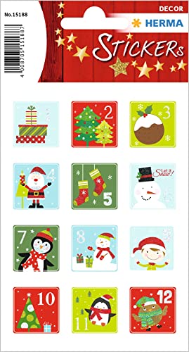 HERMA 15188 Aufkleber Zahlen 1-24 Glitzer, 24 Stück, Weihnachten Sticker mit Weihnachtsmann Weihnachtsbaum, Nummer Ziffer Klebezahlen Etiketten für Weihnachtsdeko Adventskalender Deko DIY Basteln von HERMA