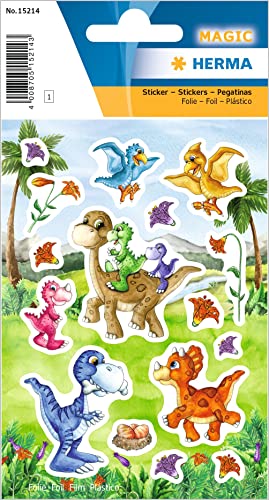 HERMA 15214 Aufkleber Dinosaurier Glitzer klein, 12 Stück, Tiere Sticker mit lustigen Dino Saurier Motiv, Kinder Etiketten für Fotoalbum Tagebuch Poesiealbum Scrapbooking Geburtstag Deko DIY Basteln von HERMA