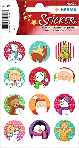 HERMA 15232 Aufkleber Weihnachtsmotive rund, 12 Stück, Weihnachten Sticker mit Engel Schneemann Weichnachtsmann Motiv, Kinder Etiketten für Weihnachtsdeko Geschenke Adventskalender Winter Deko Basteln von HERMA