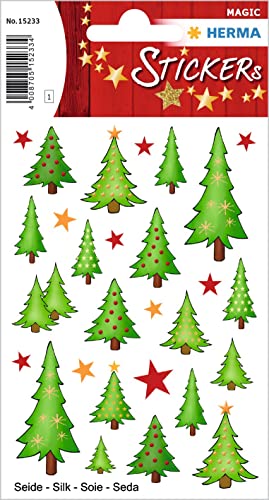 HERMA 15233 Aufkleber Weihnachtsbaum klein groß, 28 Stück, Weihnachten Sticker aus Seide Stoff mit Sterne Tannebaum Motiv, Kinder Etiketten für Weihnachtsdeko Geschenke Adventskalender Winter Basteln von HERMA