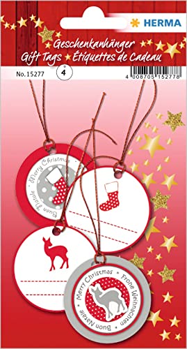 HERMA 15277 Geschenkanhänger Weihnachten zum Beschriften Glitzer Rot Weiß rund, 4 Stück, Weihnachtsanhänger mit Weihnachtsmotiv, Kinder Hängeetiketten für Geschenke Weihnachtsdeko Dekoration DIY von HERMA