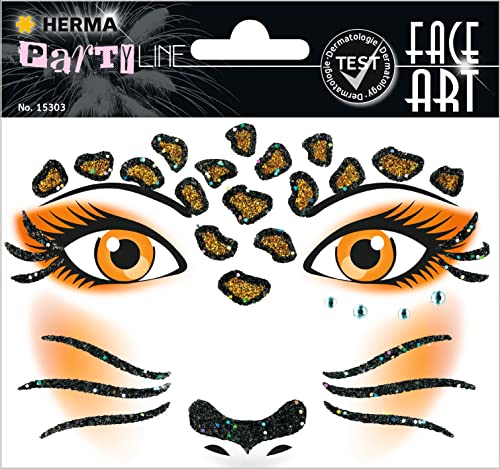 HERMA 15303 Face Art Sticker Leopard, dermatologisch getestet, ablösbare Glitzer Gesicht Aufkleber, temporäre Tattoos für Karneval Fasching Halloween Festival Kinder Geburtstag, orange von HERMA
