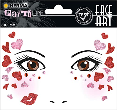 HERMA 15309 Face Art Sticker Herzen, dermatologisch getestet, ablösbare Glitzer Gesicht Aufkleber, temporäre Tattoos für Karneval Fasching Halloween Festival Kinder Geburtstag, rot rosa pink von HERMA