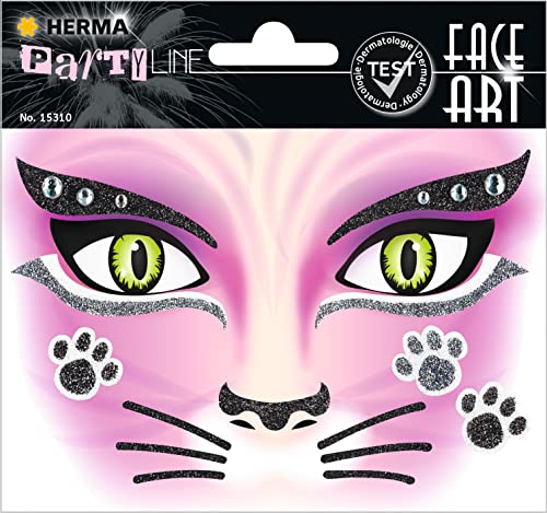 HERMA 15310 Face Art Sticker Katze, dermatologisch getestet, ablösbare Glitzer Gesicht Aufkleber, temporäre Tattoos für Karneval Fasching Halloween Festival Kinder Geburtstag, pink rosa von HERMA