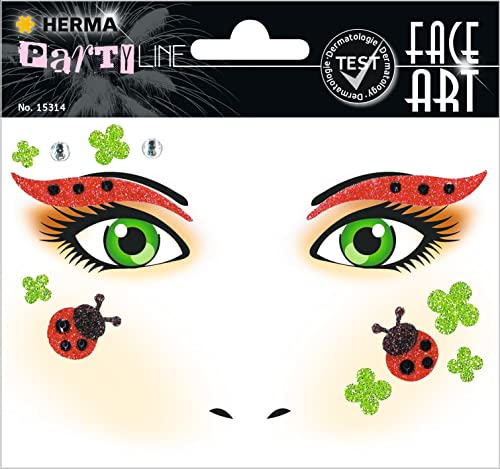 HERMA 15314 Face Art Sticker Marienkäfer, dermatologisch getestet, ablösbare Glitzer Gesicht Aufkleber, temporäre Tattoos für Karneval Fasching Halloween Festival Kinder Geburtstag, rot grün HERMA 15314 Face Art Sticker Marienkäfer, dermatologisch getestet, ablösbare Glitzer Gesicht Aufkleber, temporäre Tattoos für Karneval Fasching Halloween Festival Kinder Geburtstag, rot grün von HERMA