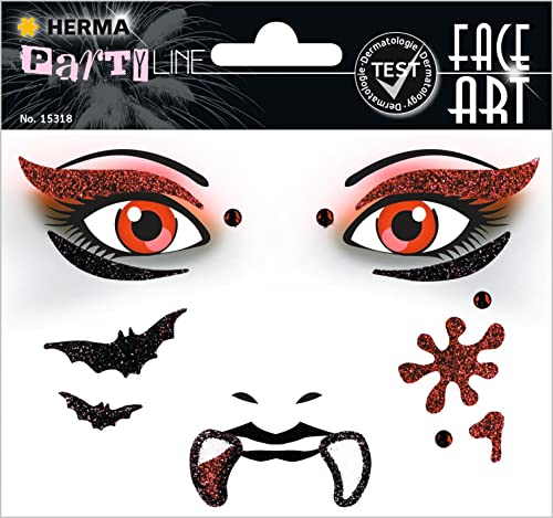 HERMA 15318 Face Art Sticker Vampir, dermatologisch getestet, ablösbare Glitzer Gesicht Aufkleber, temporäre Tattoos für Karneval Fasching Halloween Festival Kinder Geburtstag, rot schwarz von HERMA