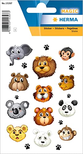 HERMA 15397 Aufkleber Tiergesichter klein, 20 Stück, Tiere Sticker mit Löwe Tiger Koala Affe Panda Bär Elefant Biber Motiv, Kinder Etiketten für Fotoalbum Tagebuch Scrapbooking Geburtstag Deko Basteln von HERMA