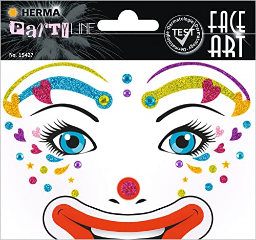 HERMA 15427 Face Art Sticker Clown, dermatologisch getestet, ablösbare Glitzer Gesicht Aufkleber, temporäre Tattoos für Karneval Fasching Halloween Festival Kinder Geburtstag, bunt von HERMA