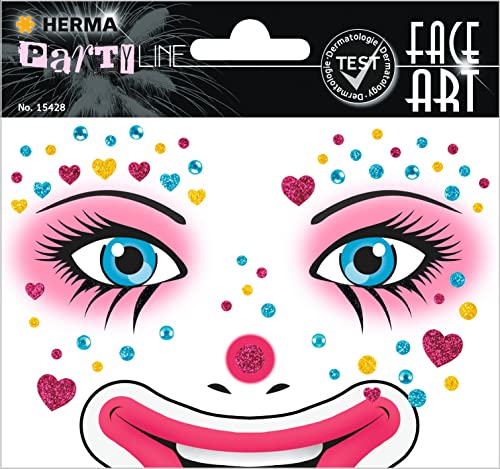 HERMA 15428 Face Art Sticker Clown Herzen, dermatologisch getestet, ablösbare Glitzer Gesicht Aufkleber, temporäre Tattoos für Karneval Fasching Halloween Festival Kinder Geburtstag, pink rosa von HERMA