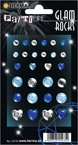 HERMA 15435 Glam Rocks Sticker, Herzen II (28 Aufkleber, Strasssteine, glitzernd) selbstklebend, permanent haftende Schmucksteine zur Deko oder zum basteln für Kinder, blau / silber von HERMA
