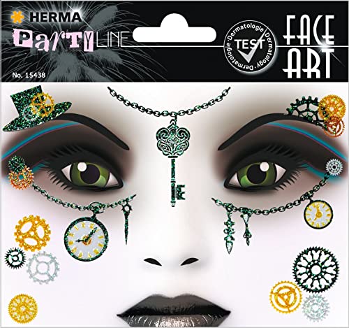HERMA 15438 Face Art Sticker Steampunk, dermatologisch getestet, ablösbare Glitzer Gesicht Aufkleber, temporäre Tattoos für Karneval Fasching Halloween Festival Kinder Geburtstag, grün gold HERMA 15438 Face Art Sticker Steampunk, dermatologisch getestet, ablösbare Glitzer Gesicht Aufkleber, temporäre Tattoos für Karneval Fasching Halloween Festival Kinder Geburtstag, grün gold von HERMA