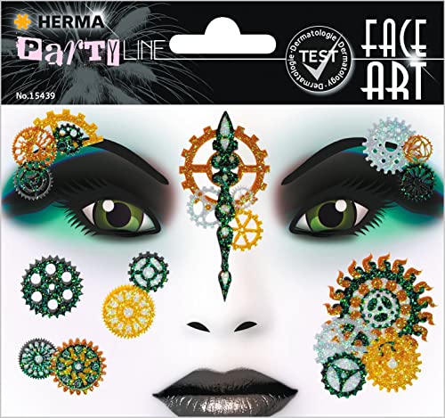 HERMA 15439 Face Art Sticker Steampunk, dermatologisch getestet, ablösbare Glitzer Gesicht Aufkleber, temporäre Tattoos für Karneval Fasching Halloween Festival Kinder Geburtstag, grün gold HERMA 15439 Face Art Sticker Steampunk, dermatologisch getestet, ablösbare Glitzer Gesicht Aufkleber, temporäre Tattoos für Karneval Fasching Halloween Festival Kinder Geburtstag, grün gold von HERMA