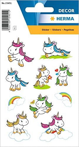 HERMA 15451 Aufkleber Einhorn Glitzer klein groß, 20 Stück, Tiere Sticker mit Regenbogen Baby Einhörner Motiv, Kinder Etiketten für Fotoalbum Tagebuch Poesiealbum Scrapbooking Geburtstag Deko DIY von HERMA