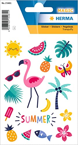 HERMA 15461 Aufkleber Flamingo klein groß, 15 Stück, Sommer Sticker mit Sonne Palme Eis Wassermelone Motiv, Kinder Etiketten für Fotoalbum Tagebuch Scrapbooking Geburtstag Deko Briefe DIY Basteln von HERMA