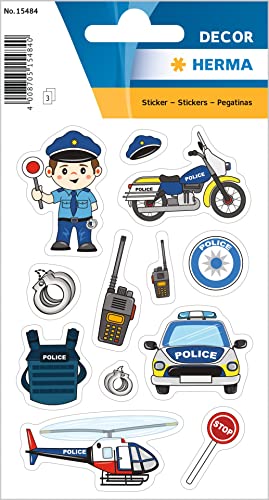 HERMA 15484 Aufkleber Polizei klein, 36 Stück, Berufe Sticker mit Polizist Polizeiauto Motiv, Kinder Etiketten für Fotoalbum Tagebuch Poesiealbum Scrapbooking Geburtstag Dekoration Briefe DIY Basteln von HERMA