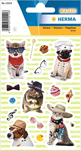 HERMA 15510 Jewel Sticker für Kinder, Dog und Cat Style (16 Aufkleber, Folie, glitzernd) selbstklebend, permanent haftende Motiv Etiketten für Mädchen und Jungen, bunt von HERMA