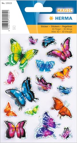 HERMA 15515 Aufkleber Schmetterlinge Glitzer klein, 16 Stück, Schmetterling Sticker mit 3D Flügel, Butterfly Etiketten für Fotoalbum Tagebuch Poesiealbum Scrapbooking Dekoration Briefe DIY Basteln von HERMA