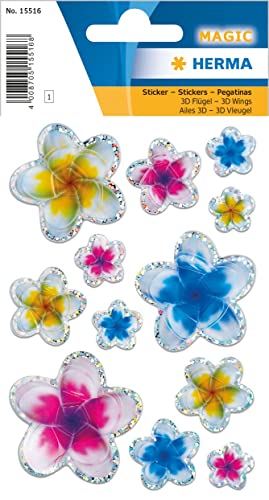 HERMA 15516 Aufkleber Blumen Glitzer klein groß, 12 Stück, Pflanzen Sticker mit 3D Blüten Motiv, Kinder Etiketten für Fotoalbum Tagebuch Poesiealbum Scrapbooking Geburtstag Dekoration Briefe Basteln von HERMA