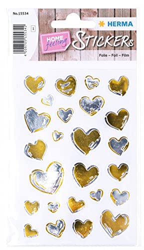 HERMA 15534 Aufkleber Herzen Gold Silber klein mini, 25 Stück, Herz Sticker, selbstklebend, Etiketten in Herzform für Valentinstag Liebe Hochzeit Geburtstag Scrapbooking Dekoration Geschenk Briefe DIY von HERMA