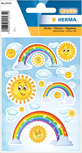 HERMA 15535 Aufkleber Regenbogen Glitzer klein groß, 15 Stück, Sommer Sticker mit Sonne Wolken Rainbow Motiv, Kinder Etiketten für Fotoalbum Tagebuch Poesiealbum Scrapbooking Geburtstag Deko Briefe von HERMA