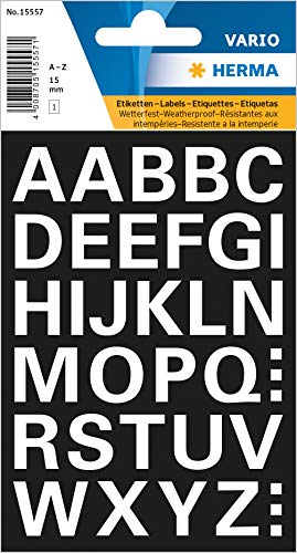 HERMA Buchstaben Aufkleber Weiß, 36 Stück, Schriftgröße 15 mm, selbstklebend, wasserfest, wetterfest, groß, Alphabet Sticker Klebebuchstaben A-Z aus Folie zum Aufkleben, schwarz von HERMA