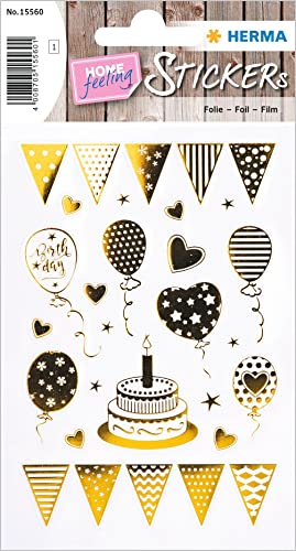 HERMA 15560 Aufkleber Geburtstag Gold Silber, 22 Stück, Geschenk Sticker mit Luftballons Kuchen Torte Herzen, Erwachsene Geschenkaufkleber für Glückwünsche Happy Birthday Herzlichen Glückwunsch Deko von HERMA