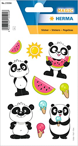 HERMA 15594 Aufkleber Panda klein groß, 10 Stück, Tiere Sticker mit lustigen Pandabär Wassermelone Eis Motiv, Kinder Etiketten für Fotoalbum Tagebuch Scrapbooking Geburtstag Deko Briefe DIY Basteln von HERMA