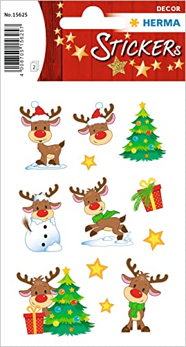 HERMA 15625 Aufkleber Rentier Rudolph klein groß, 24 Stück, Weihnachten Sticker mit Weihnachtsbaum Motiv, Kinder Etiketten für Weihnachtsdeko Geschenke Adventskalender Winter Dekoration DIY Basteln von HERMA