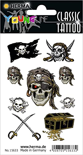 HERMA 15633 Temporäre Tattoos Totenkopf, 9 Stück, Klebetattoos zum Aufkleben, Fake Tattoos Aufkleber mit Piraten Piratenflagge Motiv, Kindertattoos Sticker für Fasching Karneval Kinder Erwachsene von HERMA