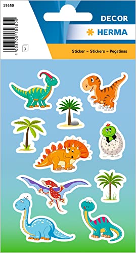 HERMA 15650 Aufkleber Dinosaurier klein groß, 30 Stück, Tiere Sticker mit süßen Dino Saurier Motiv, Kinder Etiketten für Fotoalbum Tagebuch Poesiealbum Scrapbooking Geburtstag Deko Briefe DIY Basteln von HERMA